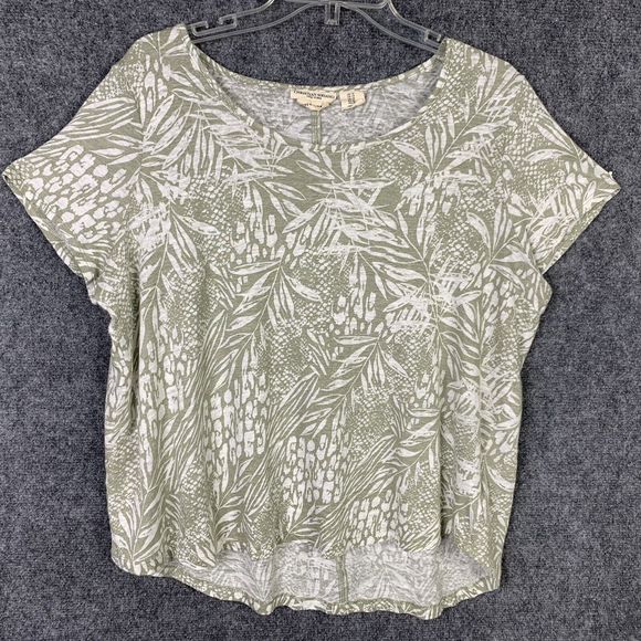 Christian Siriano 100% Linen Leaf Print Top Short Sleeve Sz 1X Asymmetrical Hem - Picture 1 of 9